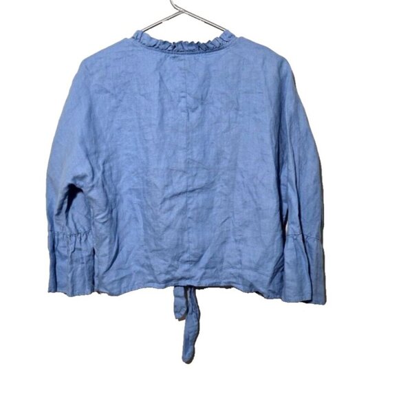 For Cynthia Linen Blouse L Blue Cropped Tie Waste Buttons Ruffles Bell Sleeve - Picture 2 of 12